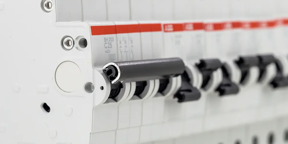 close up of circuit panel breakers