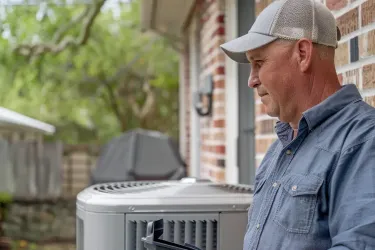 a homeowner oversees the installation of a hvac unit