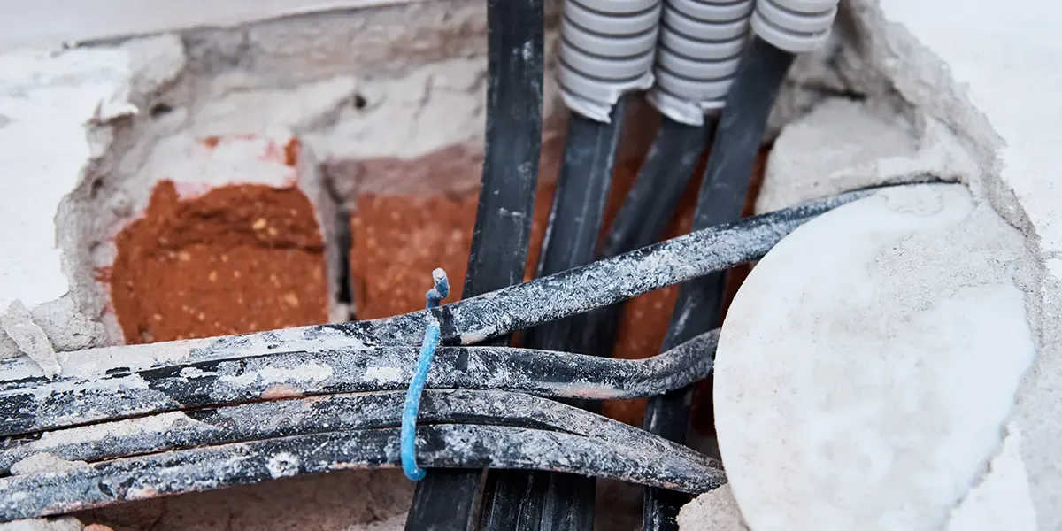 Dangerous water damaged wiring coming out of a brickwall