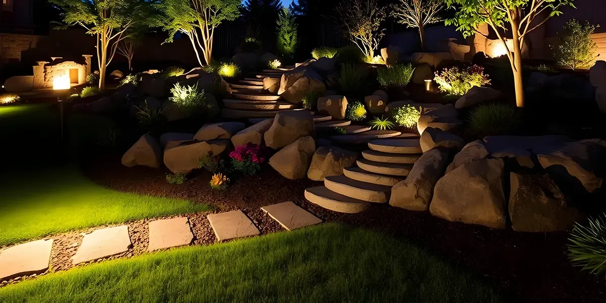 Evening in the beautiful rockery garden illuminated by led garden lighting