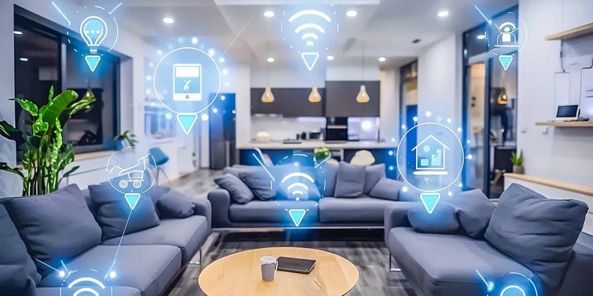 Image of an open concept room with smart device icons overlayed