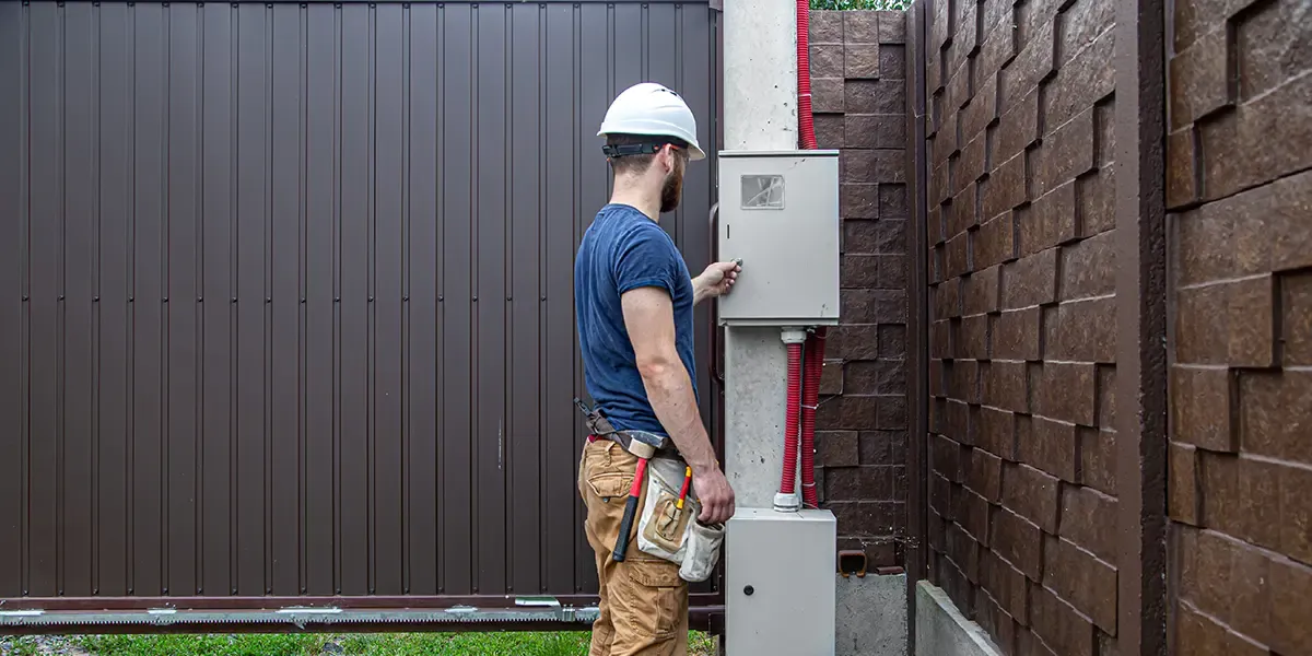 Electrician looks at a panel on the outside of a home