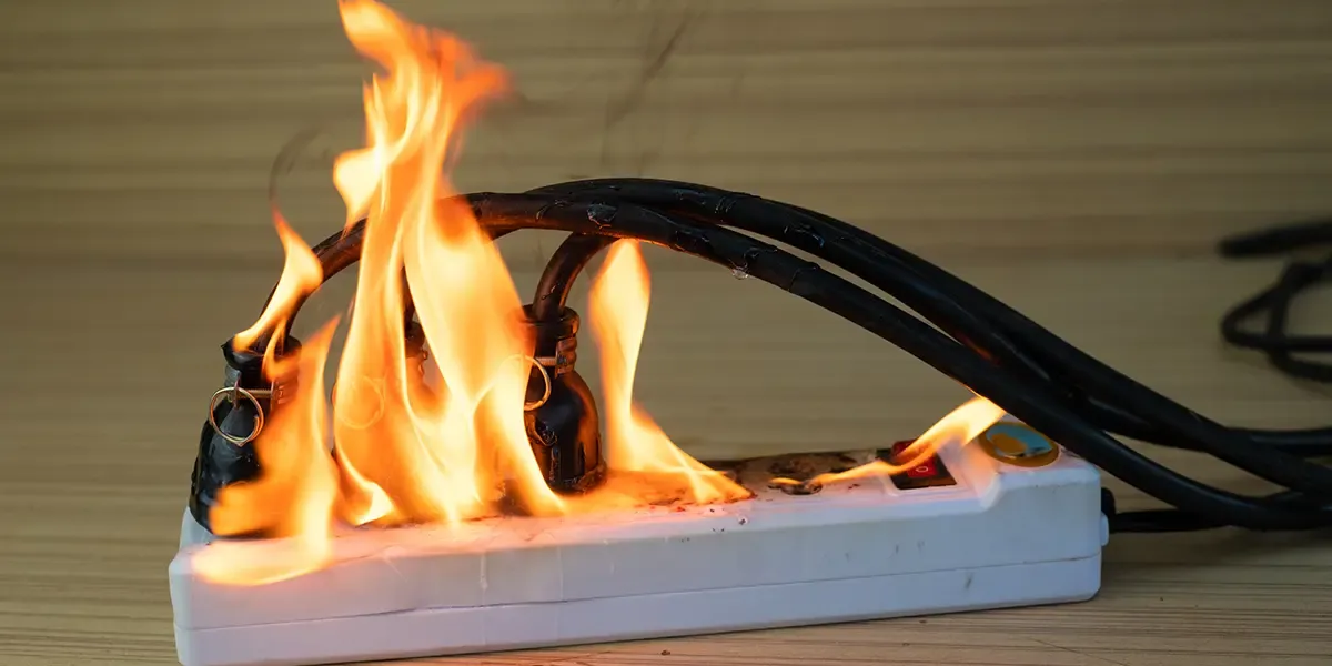 A surge protector is engulfed in flames